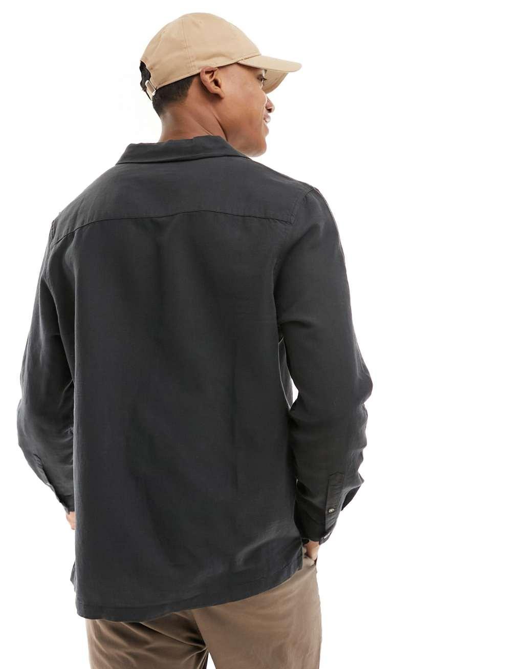 ASOS DESIGN relaxed camp collar shirt in linen mix with patched pocket in black Product Image