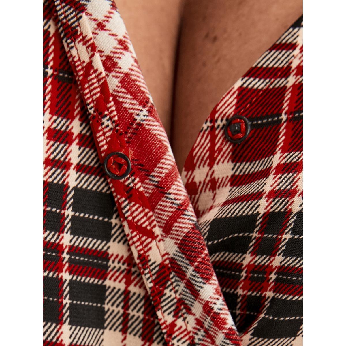 Plus Size Tartan Wrap Lantern Sleeve Pocket Knotted Split Dress Maroon Women Elegant Knotted V-neck Long Sleeve Curvy Midi Dress BloomChic 10/M Product Image