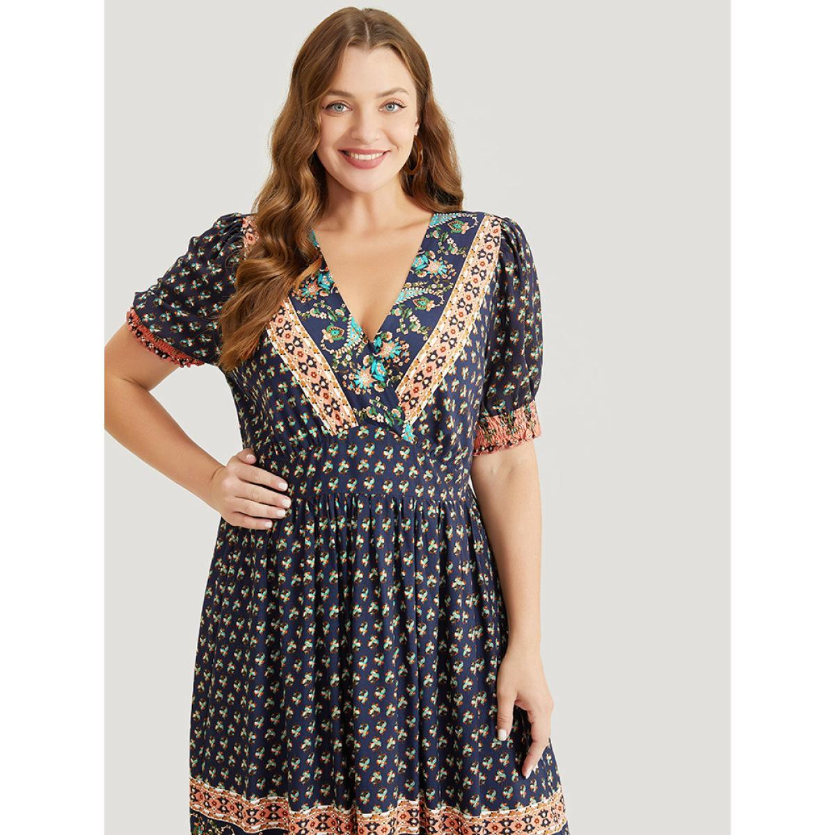 Plus Size Bandana Print Shirred Puff Sleeve Pocket Wrap Empire Waist Dress Indigo Women Vacation Wrap V-neck Short sleeve Curvy Midi Dress BloomChic 22-24/3X Product Image