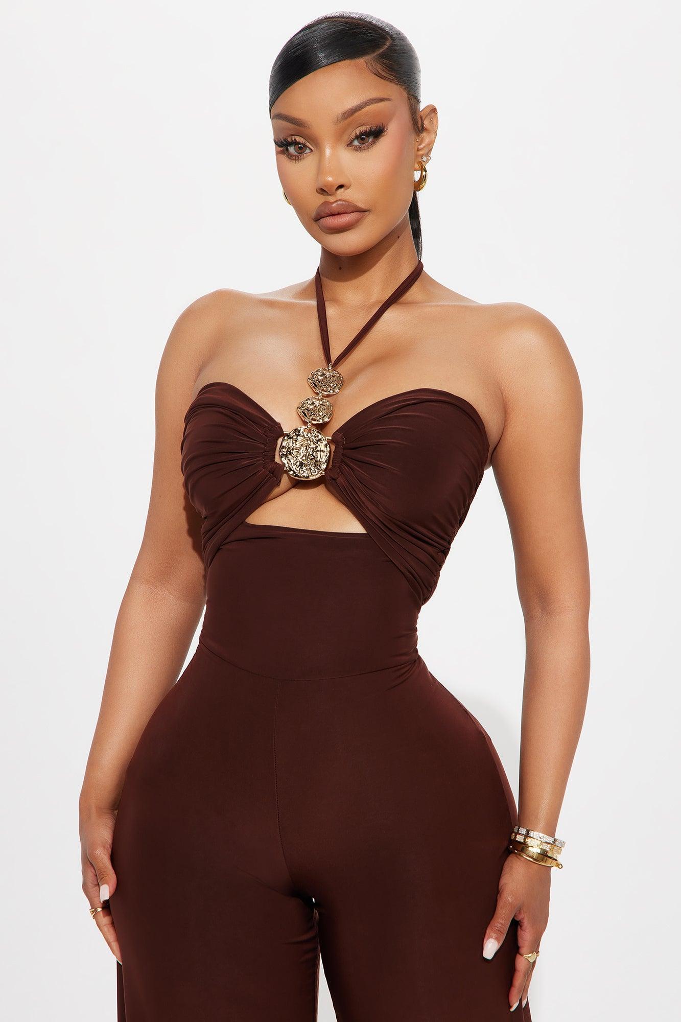 Marina Halter Wide Leg Jumpsuit - Brown Product Image