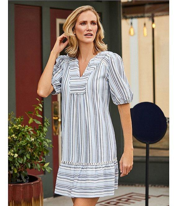 Nurture Petite Size Stripe Elbow Sleeve V-Neck Short A-Line Dress Product Image