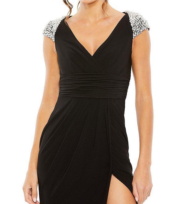 Mac Duggal V-Neck Embellished Cap Sleeve High Slit Faux Wrap Gown Product Image