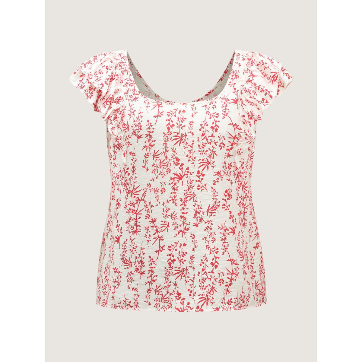 Plus Size Brightred Sweet Floral Bow Back Flutter Blouse Women Cap Sleeve Square Neck Everyday-Elegant Blouses BloomChic 30/6X Product Image