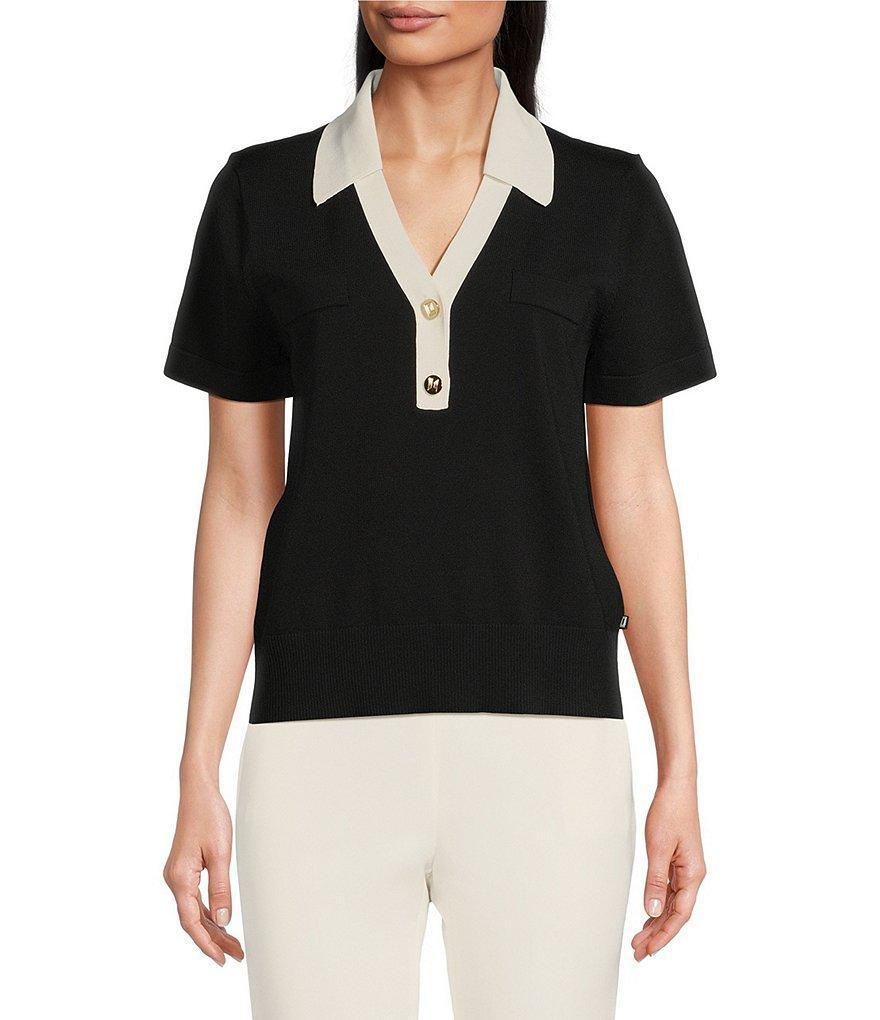 KARL LAGERFELD PARIS Ribbed Knit Polo Short Sleeve Sweater Product Image