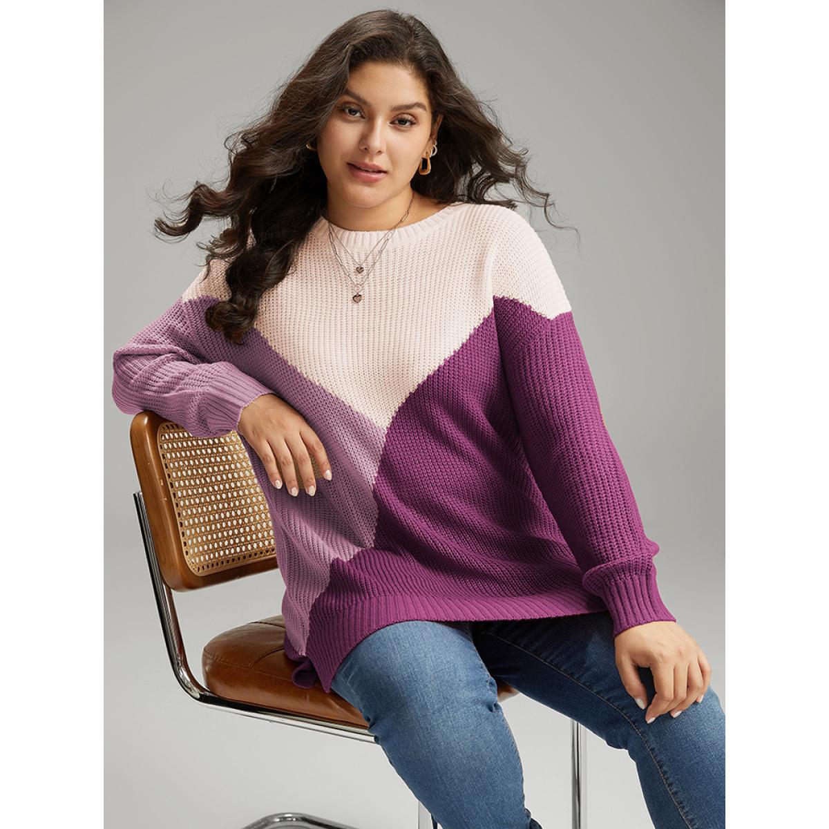 Plus Size Colorblock Split Side Drop Shoulder Pullover RedViolet Women Casual Loose Long Sleeve Round Neck Dailywear Pullovers BloomChic 30/6X Product Image