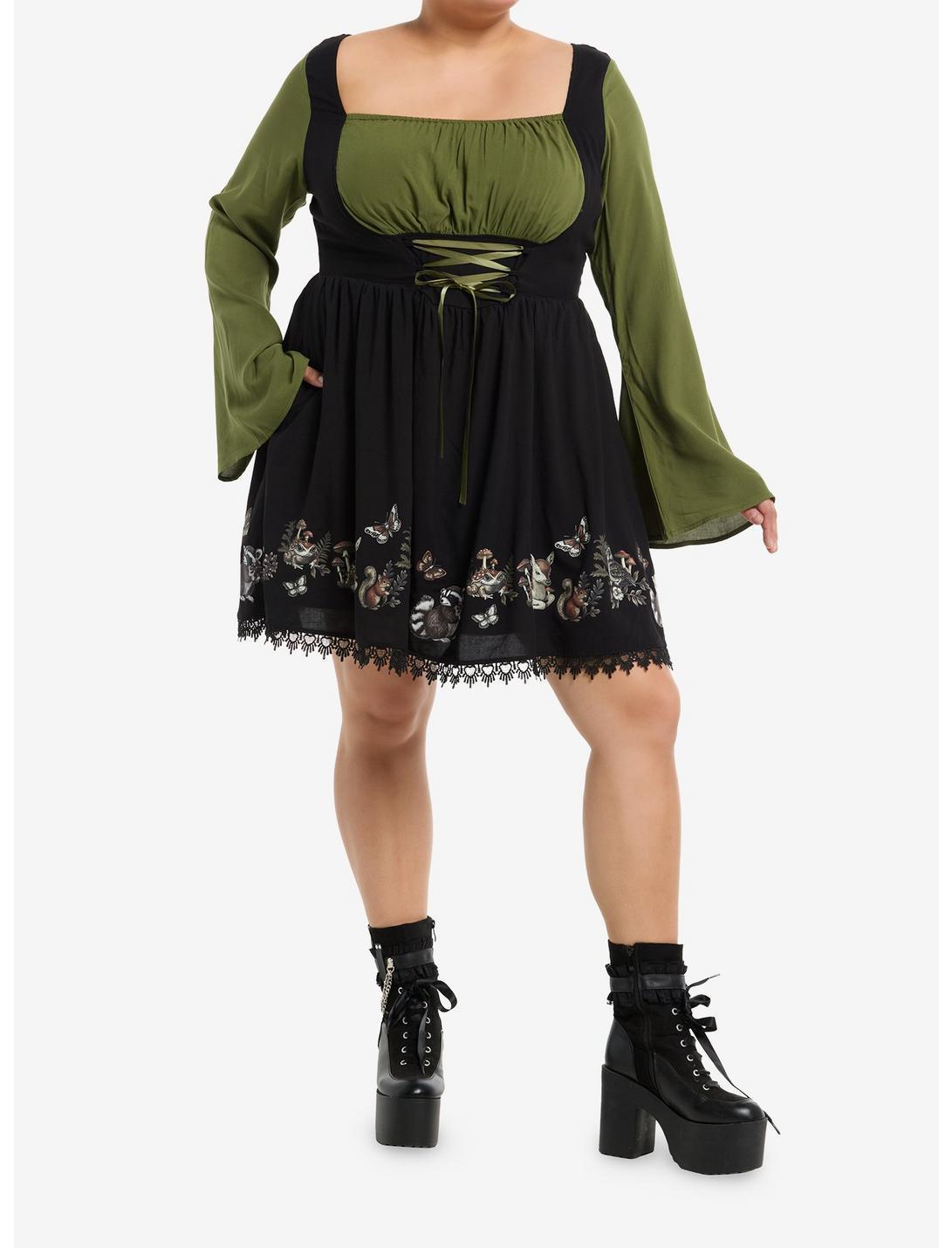 Thorn & Fable Woodland Critters Lace-Up Bell Sleeve Dress Plus Size Product Image