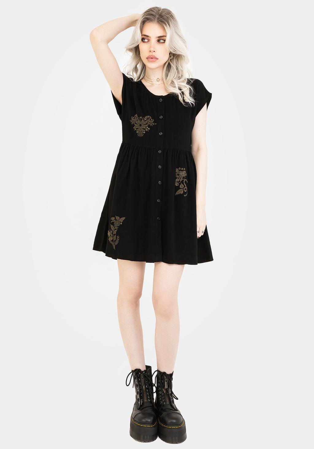 Foliate Linen-Blend Embroidered Button Up Mini Dress - Black Product Image
