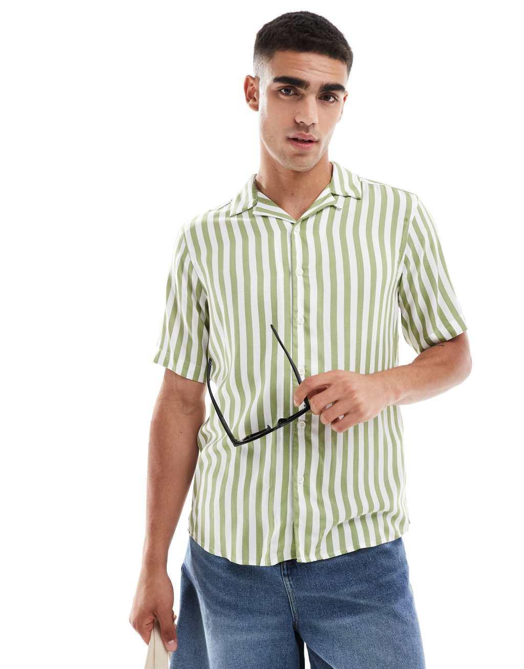 ONLY & SONS revere collar stripe shirt in sage Product Image