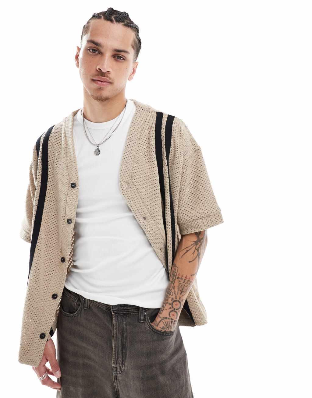 River Island crochet baseball shirt in stone Product Image