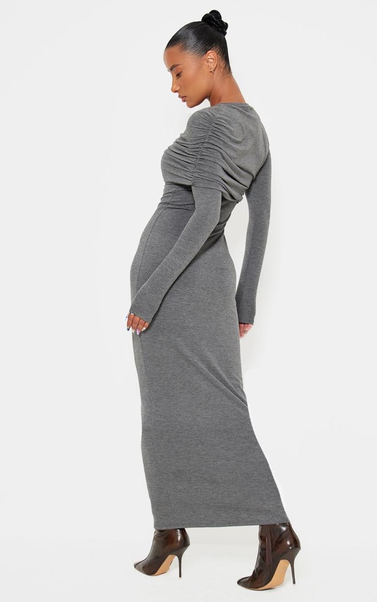 Charcoal Grey Ruched Overlay Long Sleeve Maxi Dress Product Image