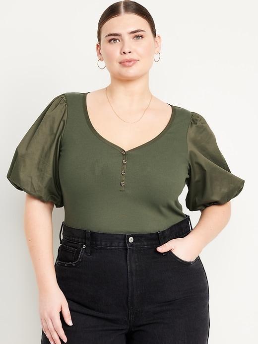 Puff-Sleeve Mixed Fabric Top Product Image