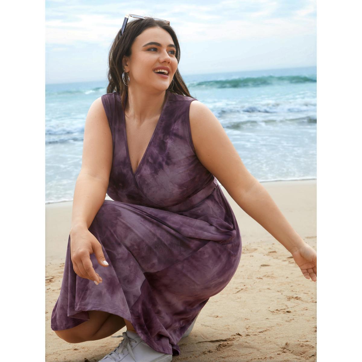 Plus Size Tie-Dye Surplice Neck Curved Hem Midi Dress Eggplant Women Casual Non Knit Dresses Bloomchic 28/5X Product Image
