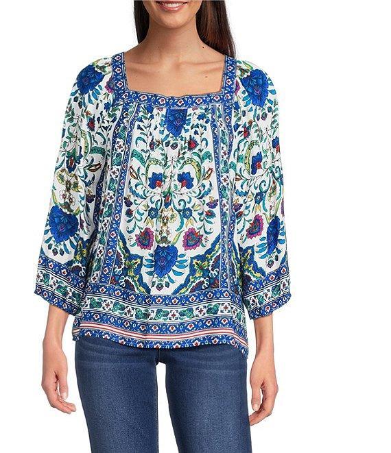 Figueroa & Flower Mckenna Jacquard Printed Square Neck 3/4 Sleeve Pintuck Detail Tunic Product Image