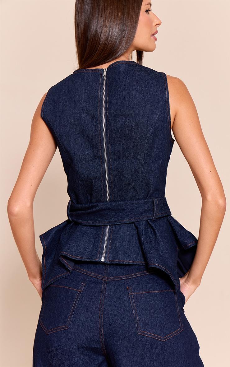 Indigo Blue Chambray Denim Belted Trim Detail Peplum Top Product Image