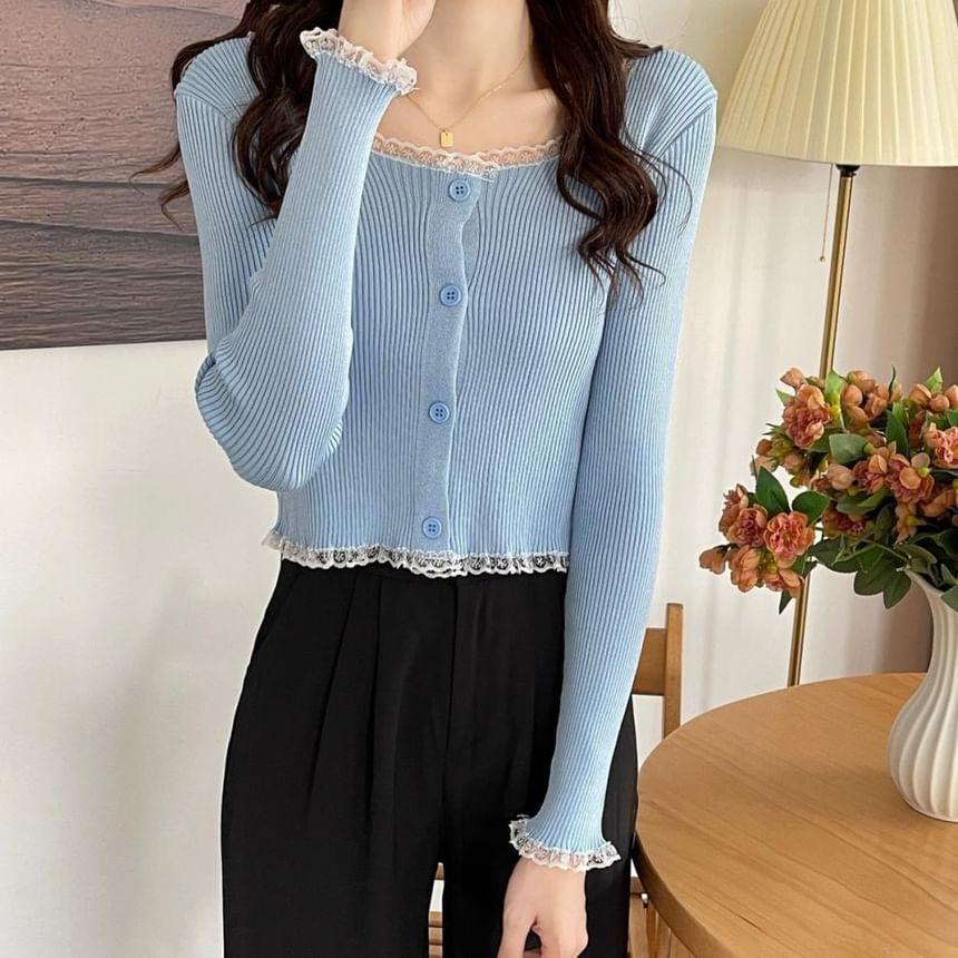 Long Sleeve Scoop Neck Plain Lace Trim Crop Cardigan Product Image