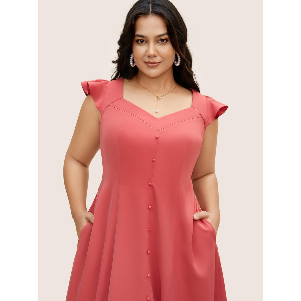Plus Size Solid Ruffle Cap Sleeve Button Detail Midi Dress Russet Women Elegant Button Heart neckline Cap Sleeve Curvy BloomChic 30/6X Product Image