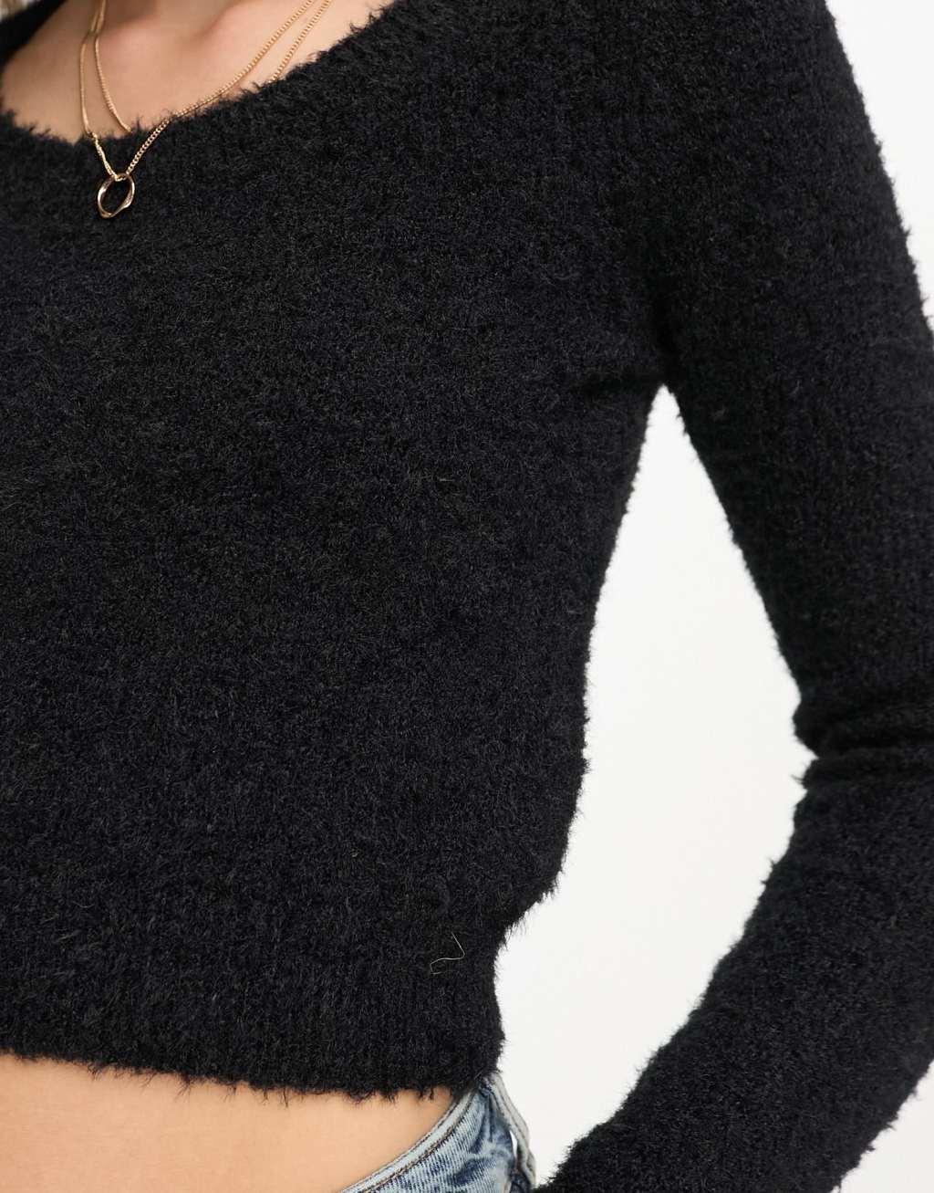 Monki fluffy knit cropped long sleeve top Product Image