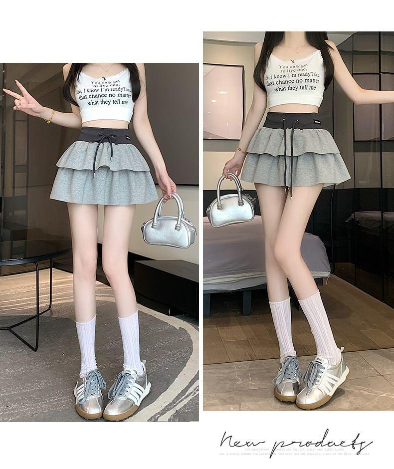 Drawstring Waist Applique Tiered Mini A-Line Skirt Product Image