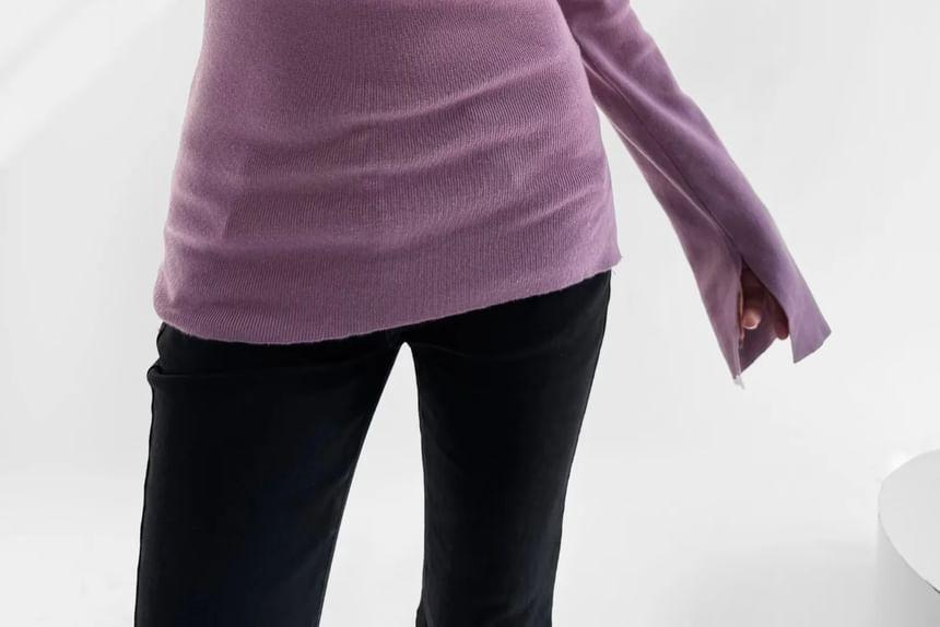 Long-Sleeve Boatneck Plain Knit Top Product Image