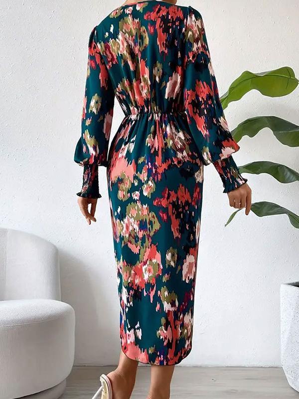 Long Sleeves Loose Elasticity Floral Printed V-Neck Midi Dresses Shirt Dress Product Image