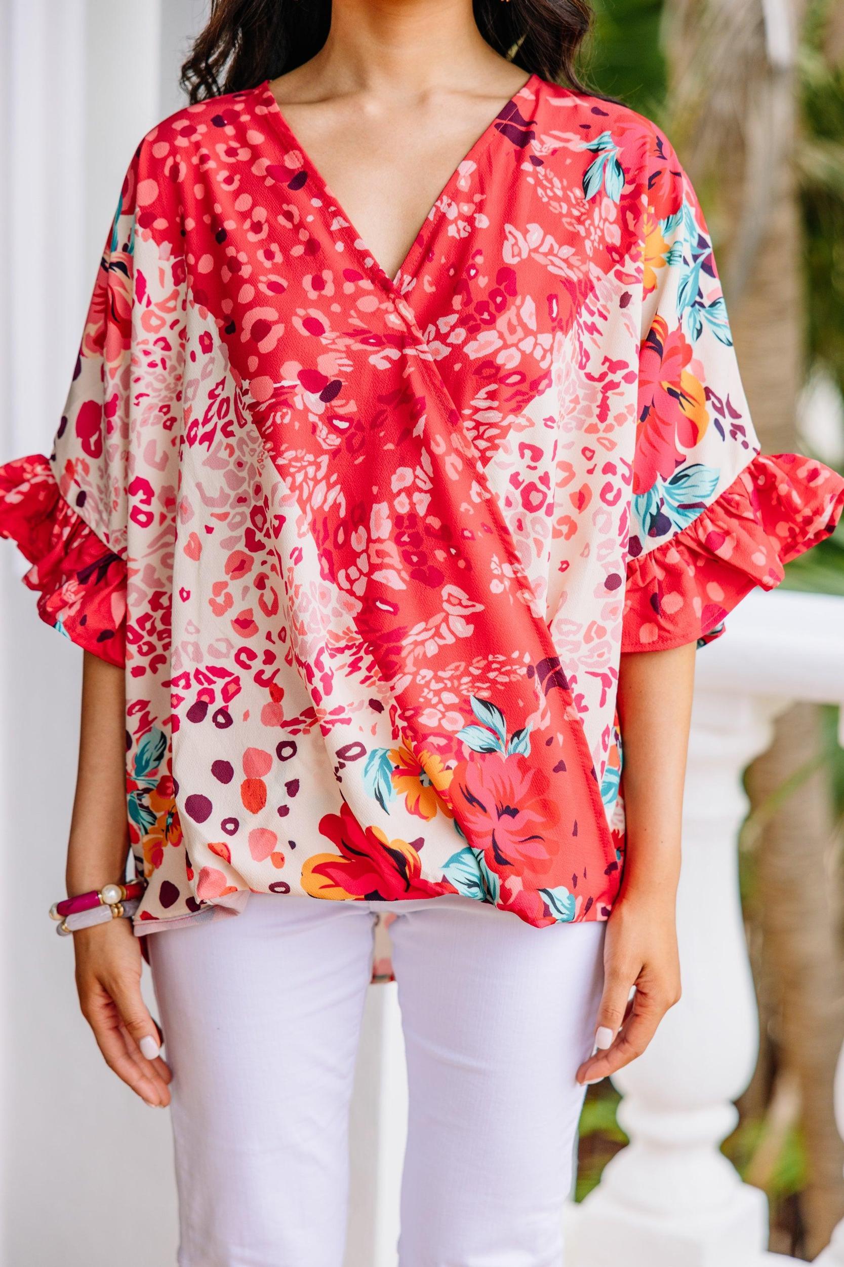 Be So Bold Coral Red Mixed Print Top Female Product Image