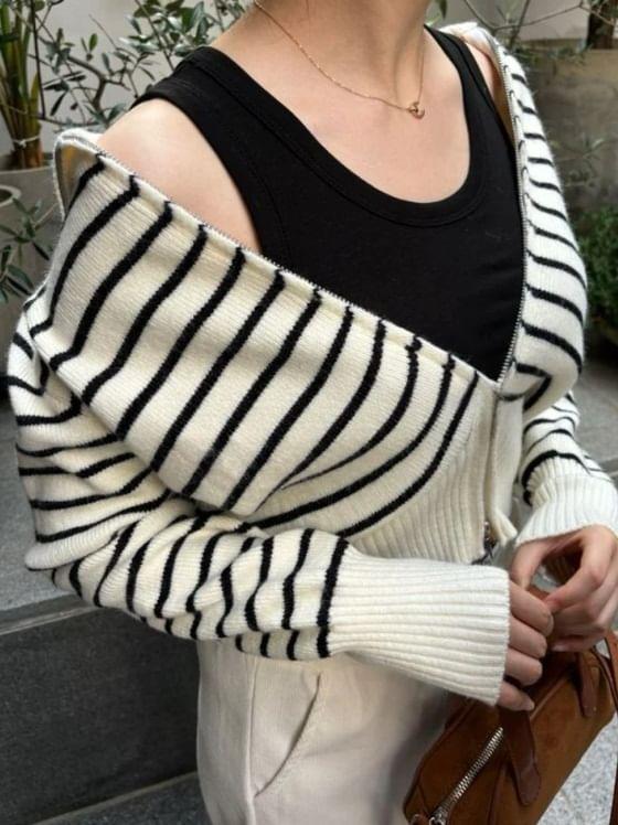 Long Sleeve Stand Collar Striped Zip-Up Cardigan Product Image