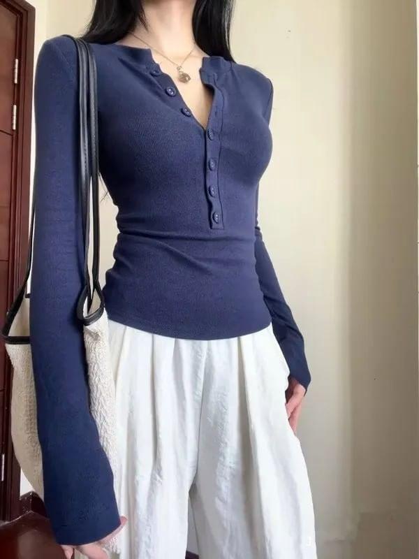 Long Sleeve Henley Plain T-Shirt Product Image