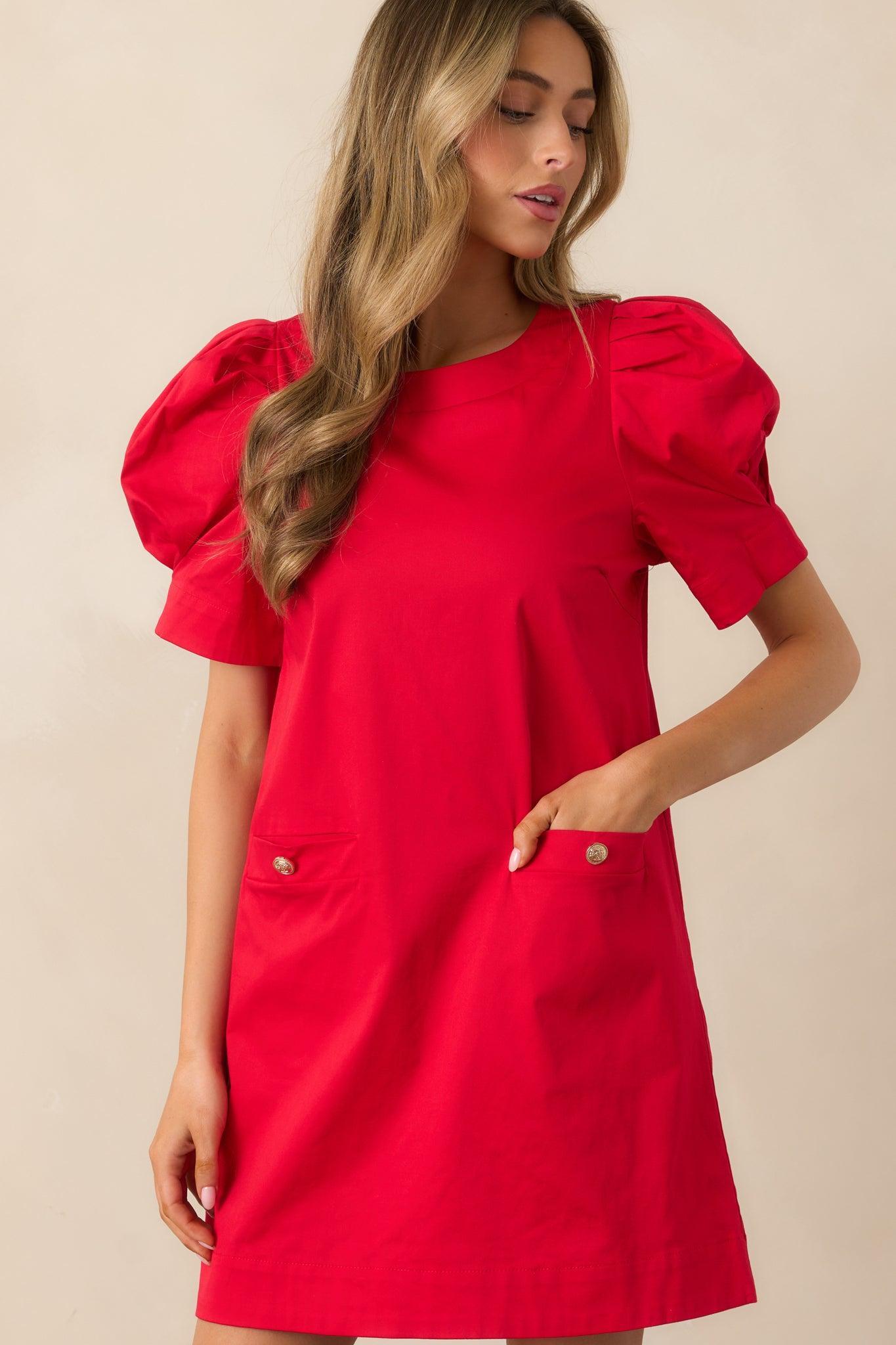 Wine Cellar Tour Cotton Red Puff Sleeve Mini Dress Product Image