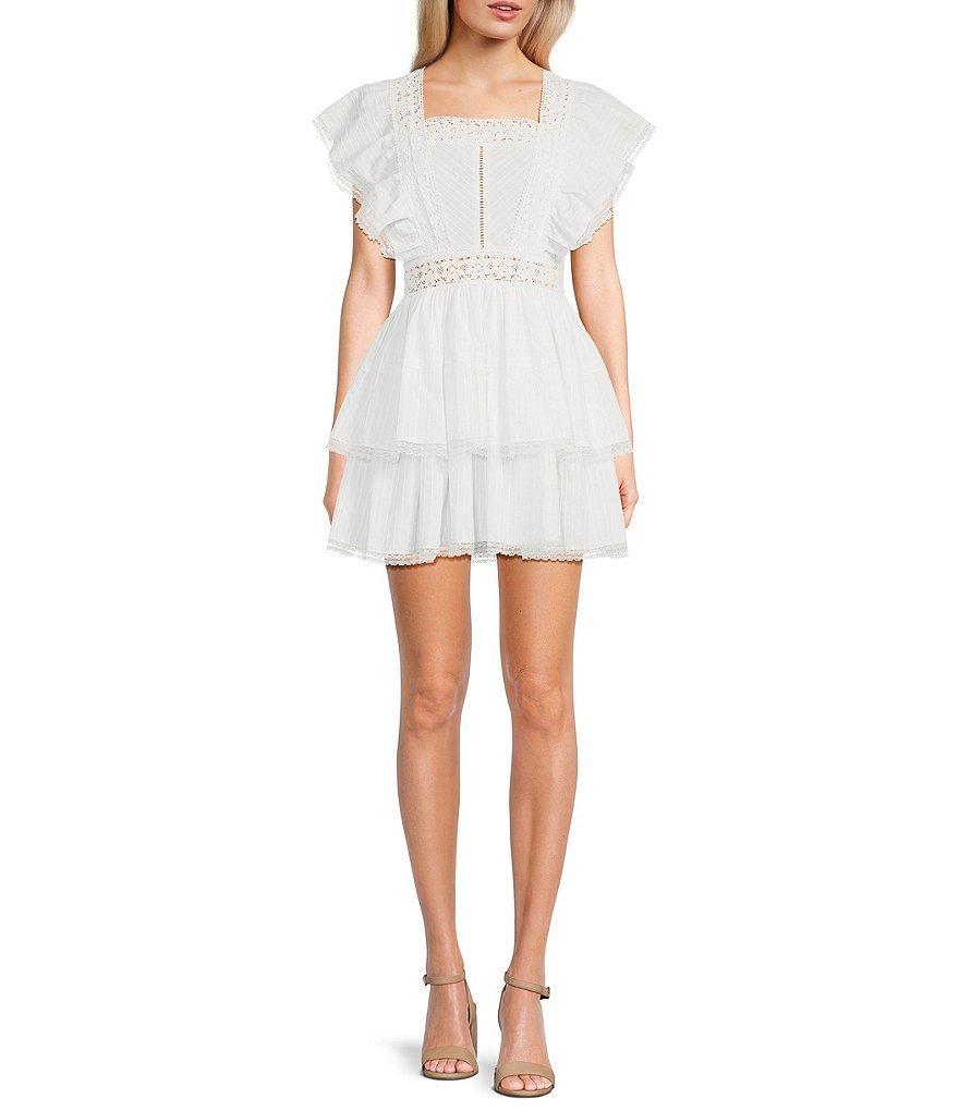 Lace Square Neck Short Flutter Sleeve Tiered Mini Dress Product Image