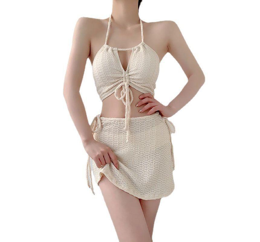 Set: Halter Plain Drawstring Bikini Top + Bikini bottom + Swim Skirt Product Image