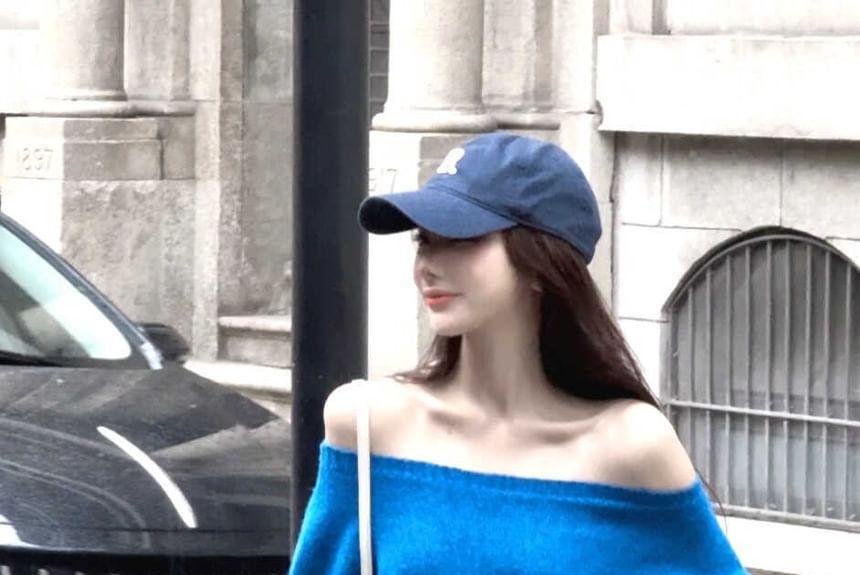 Off-Shoulder Plain Ribbed Mini Sweater Dress Product Image