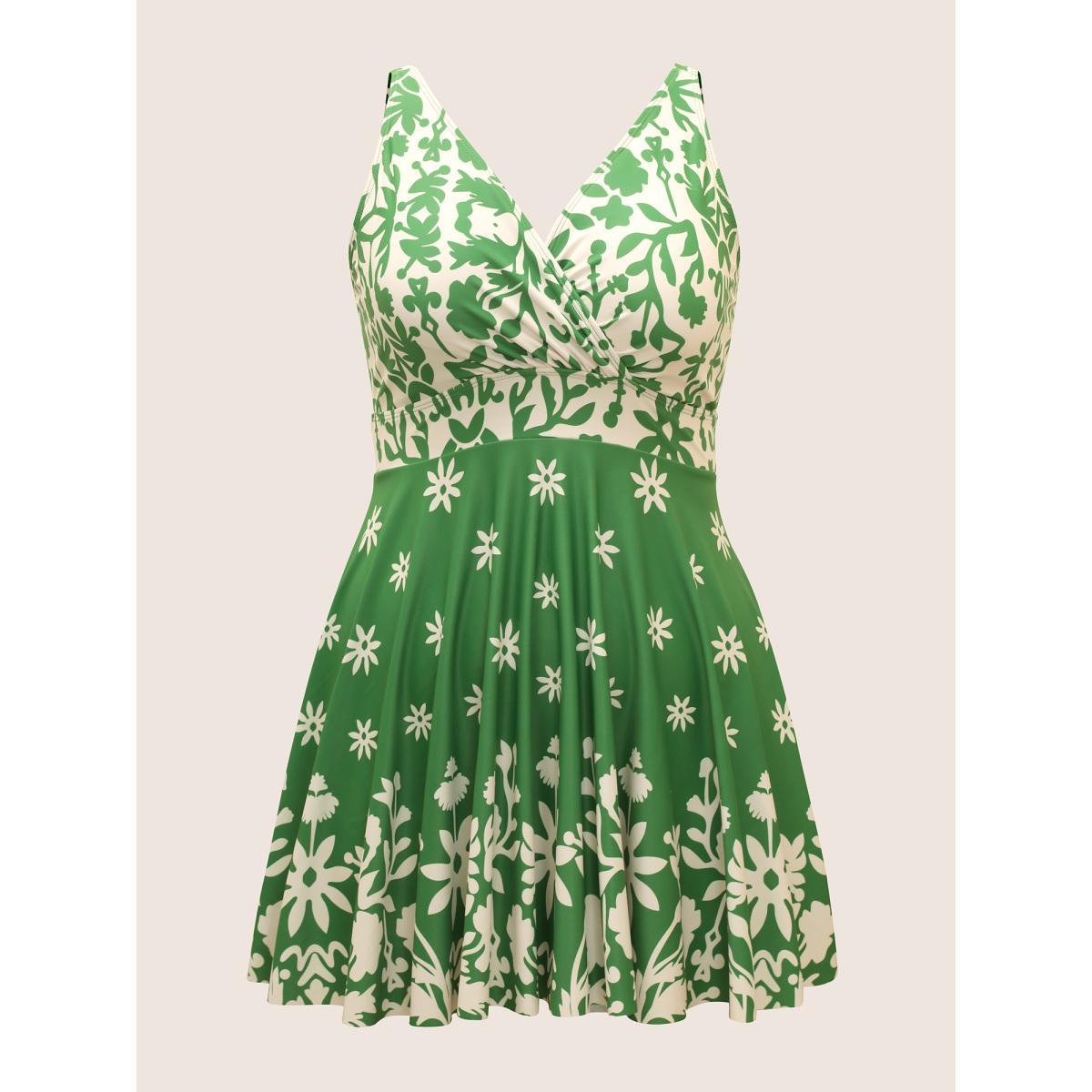 Plus Size Boho Print Overlap Collar Gathered Swim Dress Women's Swimwear Truegreen Beach Bodycon Overlap Collar High stretch Curve Swim Dresses BloomChic 28/5X Product Image