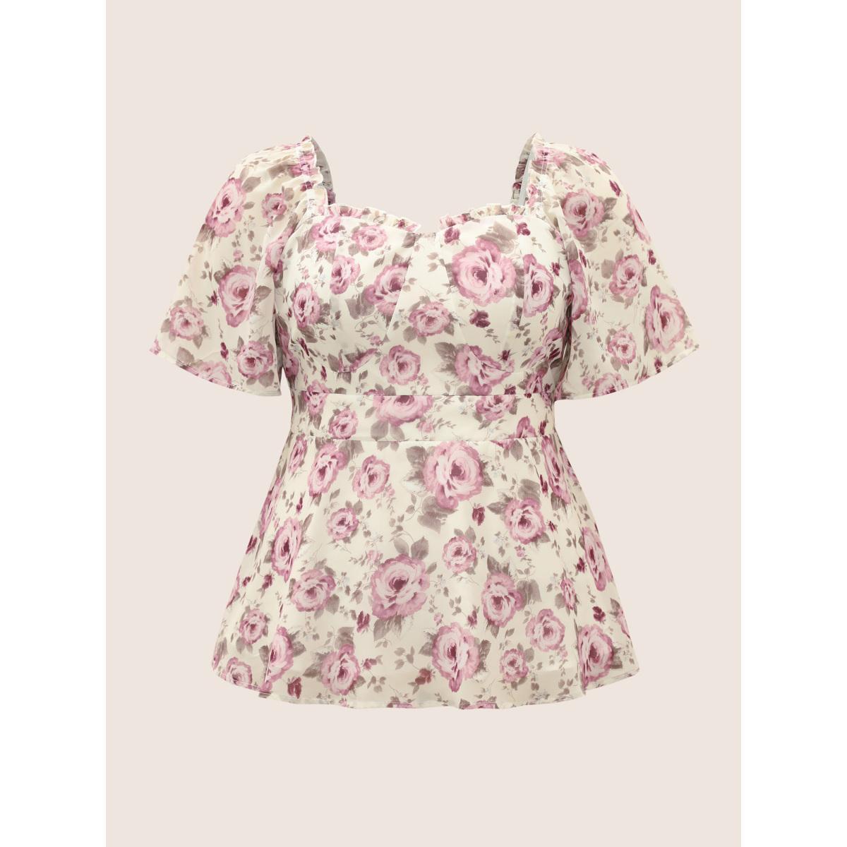 Plus Size Ivory Heart Neckline Floral Shirred Ruffles Blouse Women Elegant Short sleeve Heart neckline Everyday Blouses BloomChic 22-24/3X Product Image