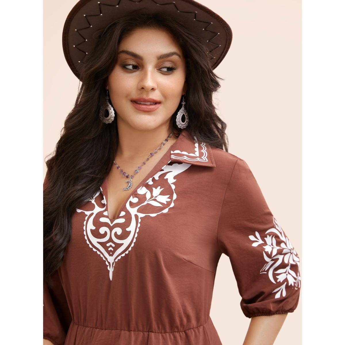 Plus Size Precision Printing Waist-Cinching Midi Dress Rust Women Resort Contrast Lapel Collar Elbow-length sleeve Curvy BloomChic 28/5X Product Image