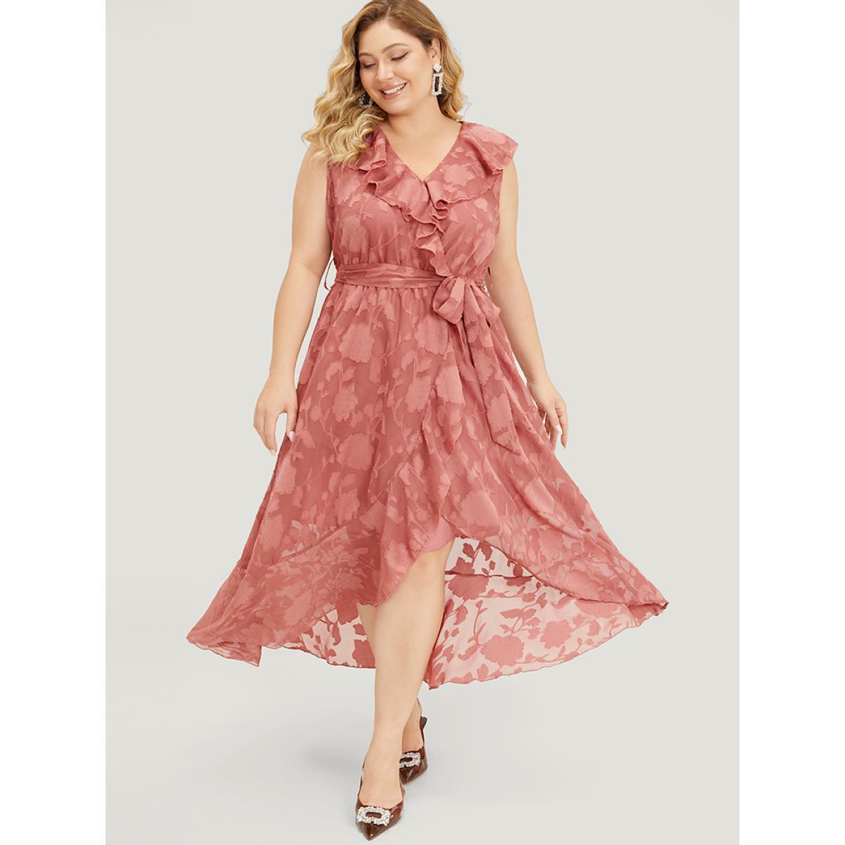 Plus Size Floral Print Ruffle Trim Wrap Belted Asymmetrical Tank Dress DustyPink Women Glamour Lined V-neck Sleeveless Curvy Midi Dress BloomChic 10/M Product Image