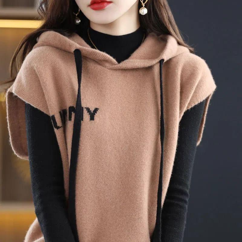 Lettering Print Drawstring Hooded Sweater Vest Product Image