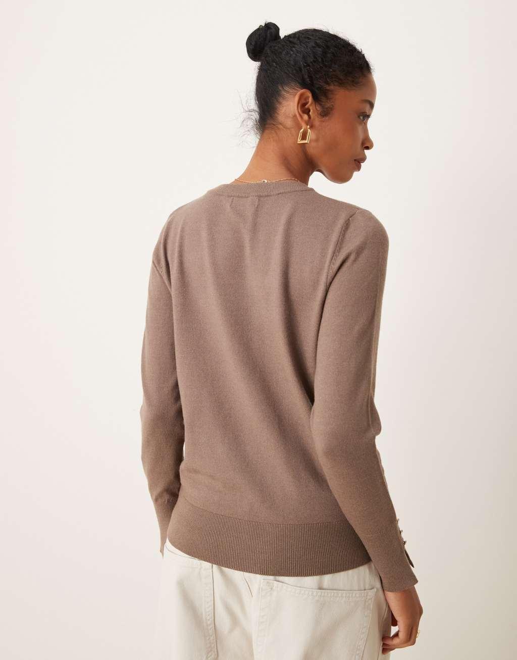 JDY knit sweater with sleeve button detail in brown Product Image