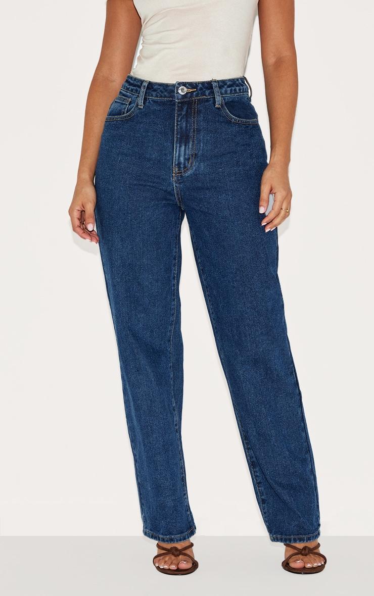 Petite Mid Blue Wash High Waist Straight Leg Jeans Product Image