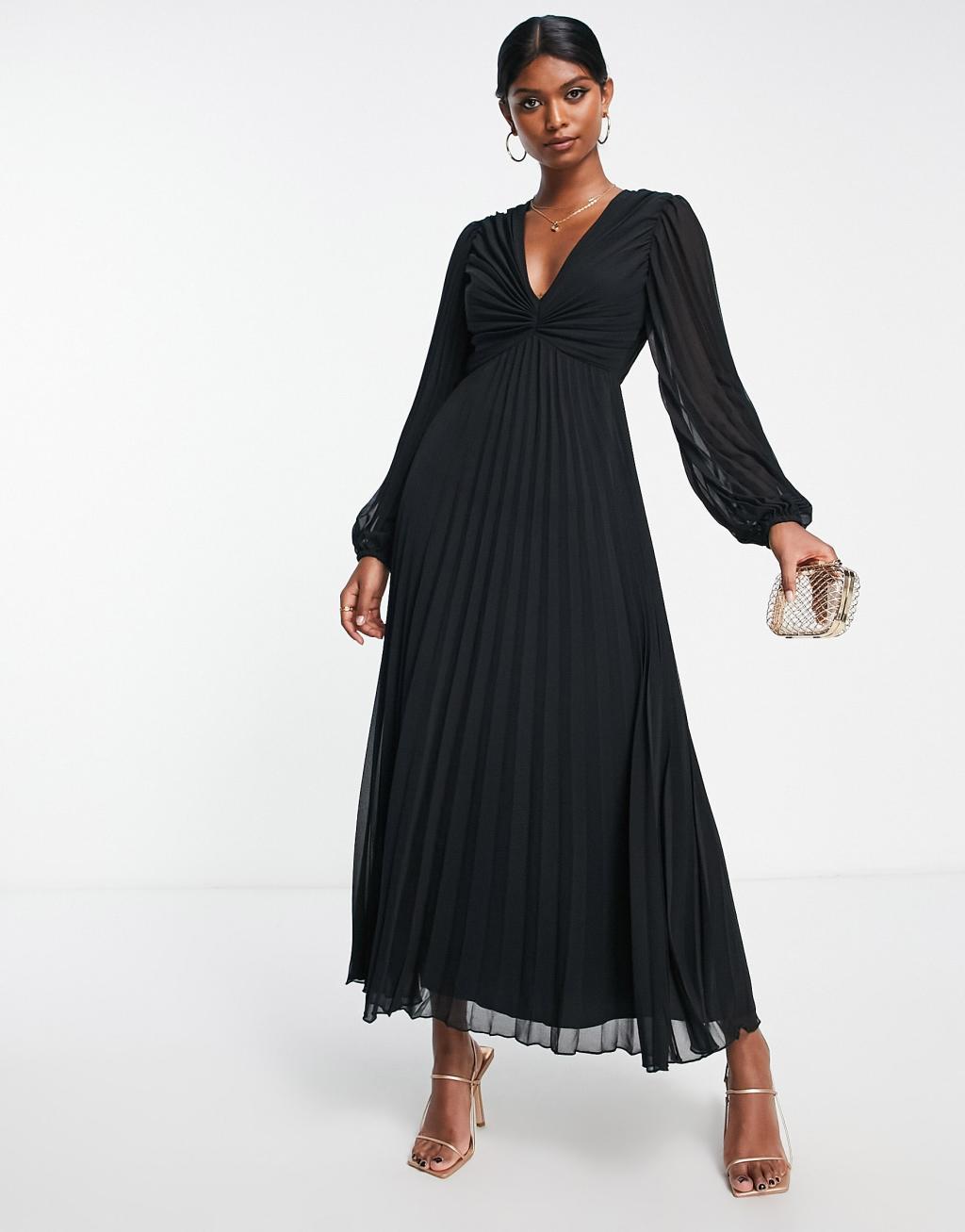 ASOS DESIGN pleated bodice plunge neck midi dress Product Image