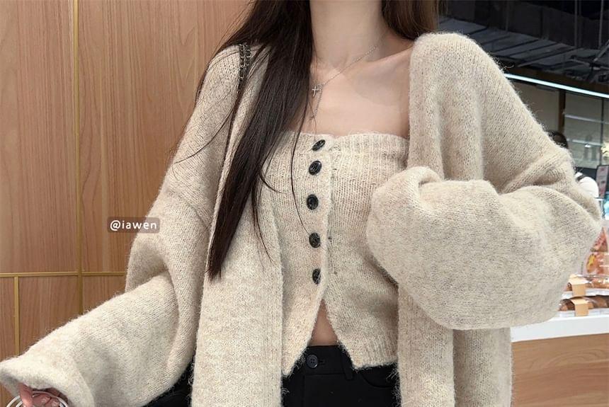 Set: Button Knit Tube Top + Long Cardigan Product Image