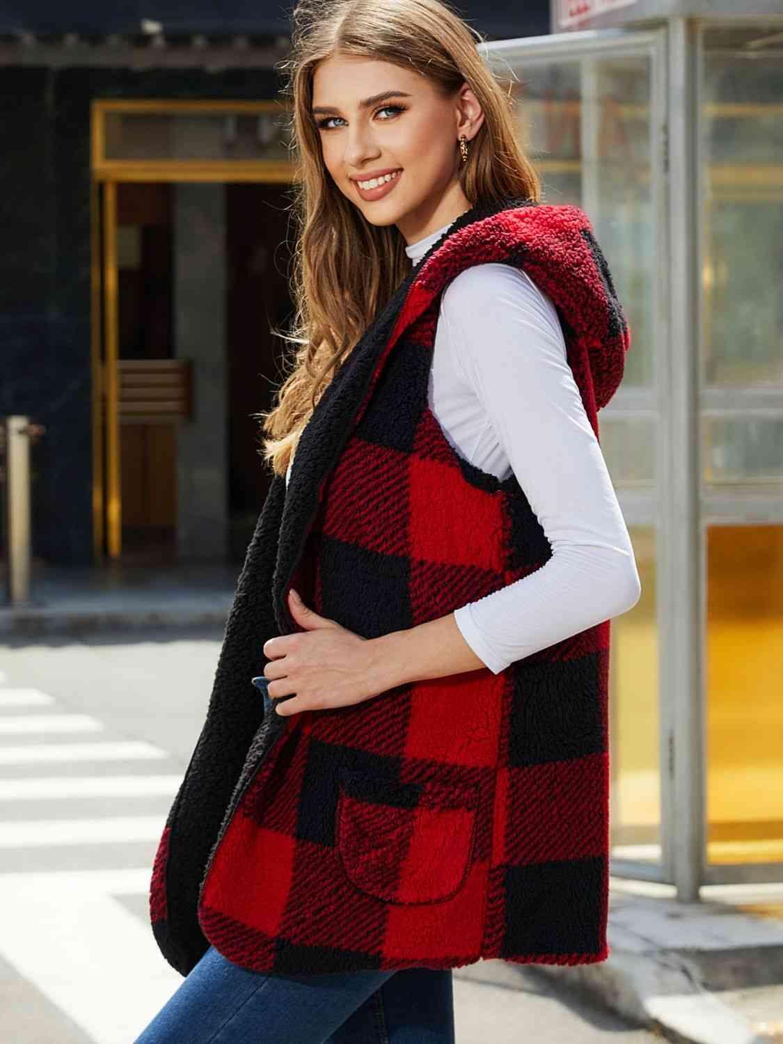 Women's Plaid Hooded Vest Product Image