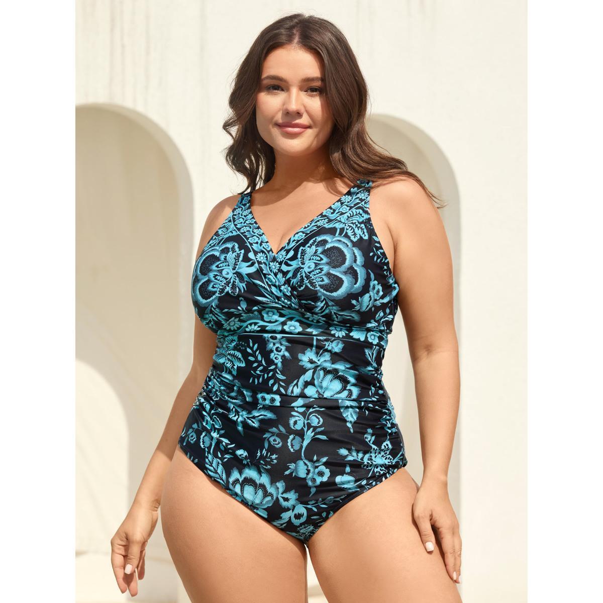 Plus Size Two-Piece Floral Print Ruched Mesh Swimsuit, Sarong Women's Swimwear Black Beach Gathered Curve Bathing Suits High stretch One Pieces BloomChic 28/5X Product Image