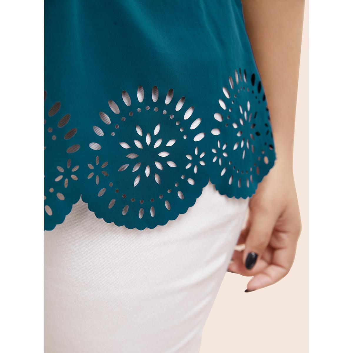 Plus Size Solid Crew Neck Laser Cut Tank Top Women Aegean Elegant Cut-Out Round Neck Everyday Tank Tops Camis BloomChic 26/4X Product Image