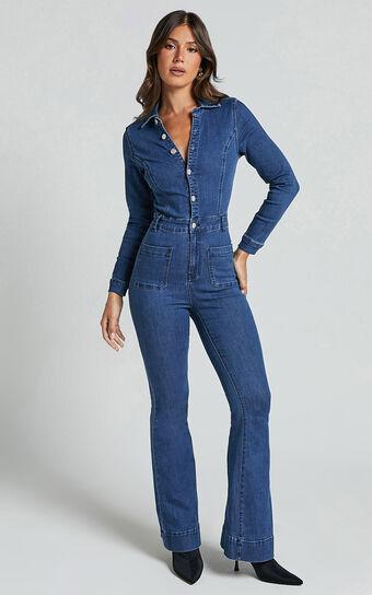Vivi Jumpsuit - Button Front Wide Leg Denim Jumpsuit in Indigo Wash Product Image