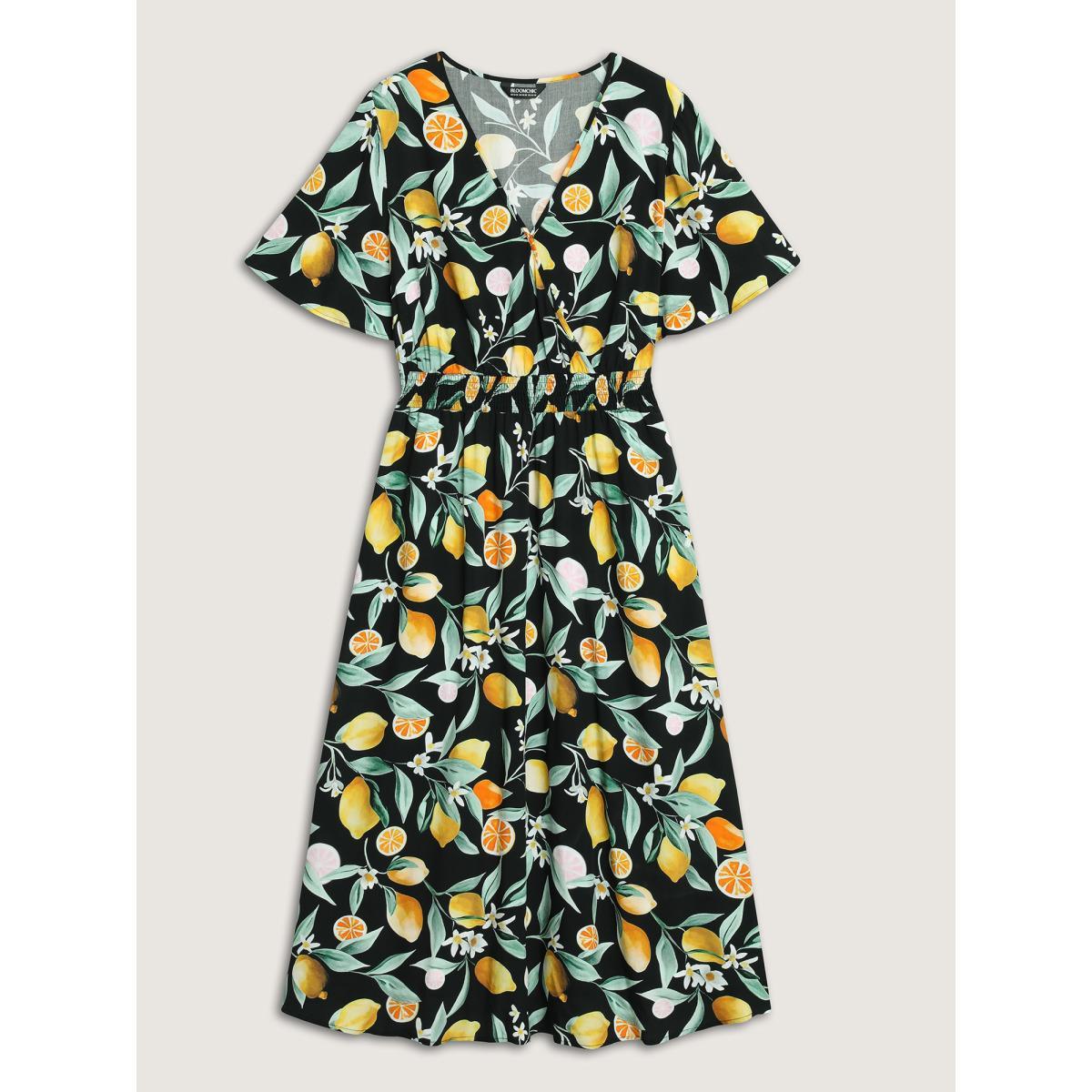 Plus Size Citrus Print Overlap Neck Shirred Midi Dress Black Women Overlap Collar Short sleeve Curvy BloomChic 10/M Product Image