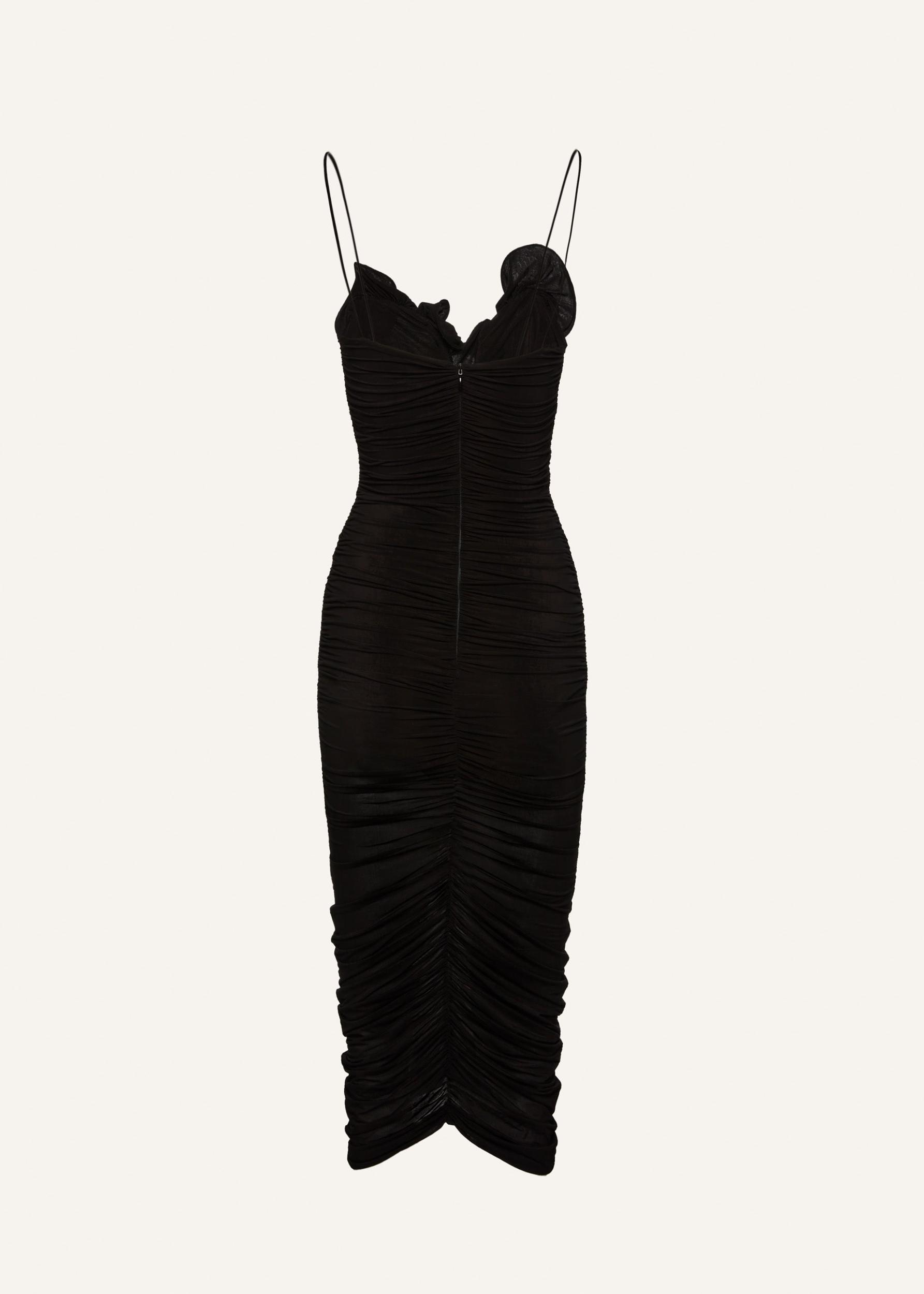 Ruched ruffle midi dress in black Product Image