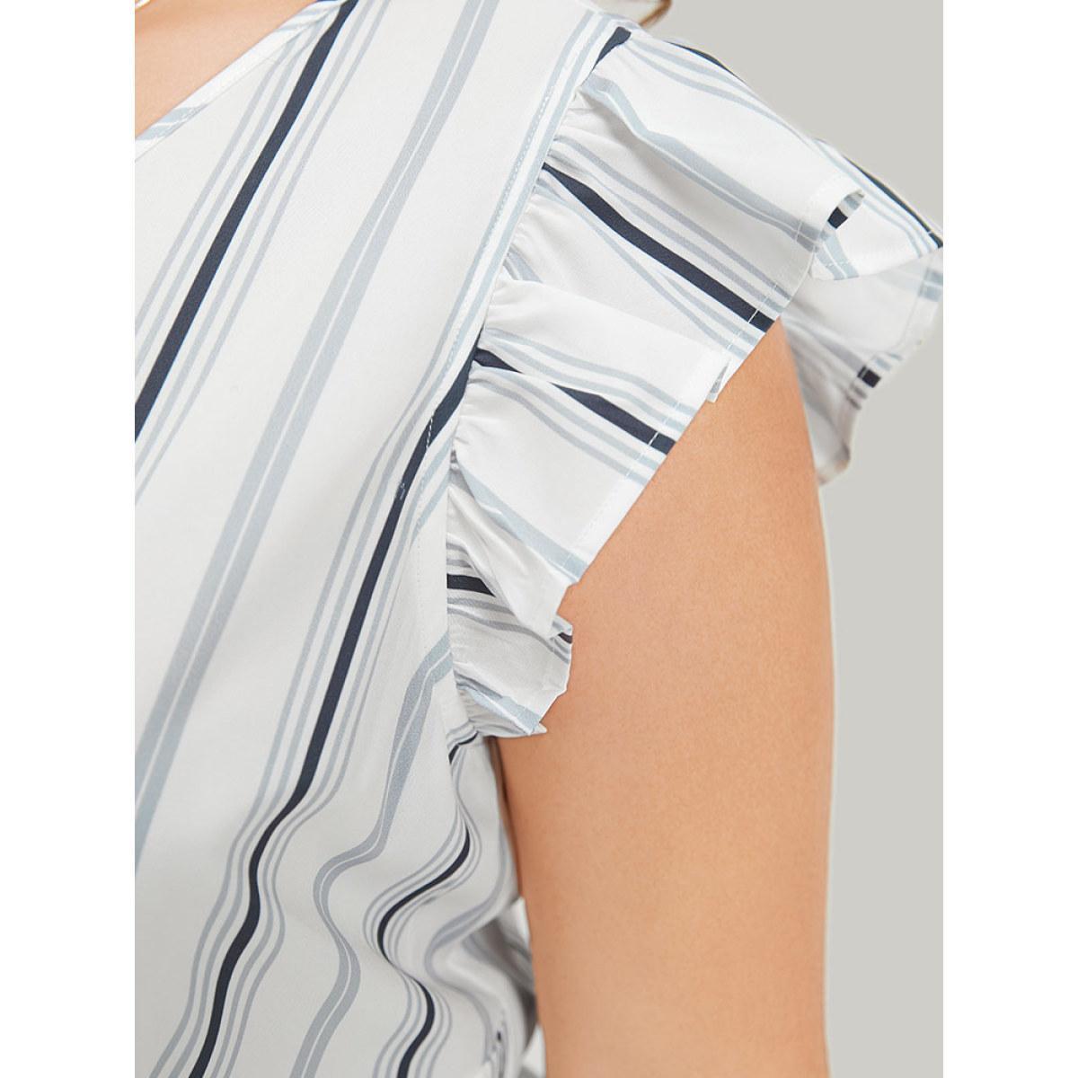 Plus Size Striped Ruffle Cap Sleeve Button Detail Wideband Waist Dress Multicolor Women Elegant Elastic Waist V-neck Cap Sleeve Curvy Midi Dress BloomChic 22-24/3X Product Image