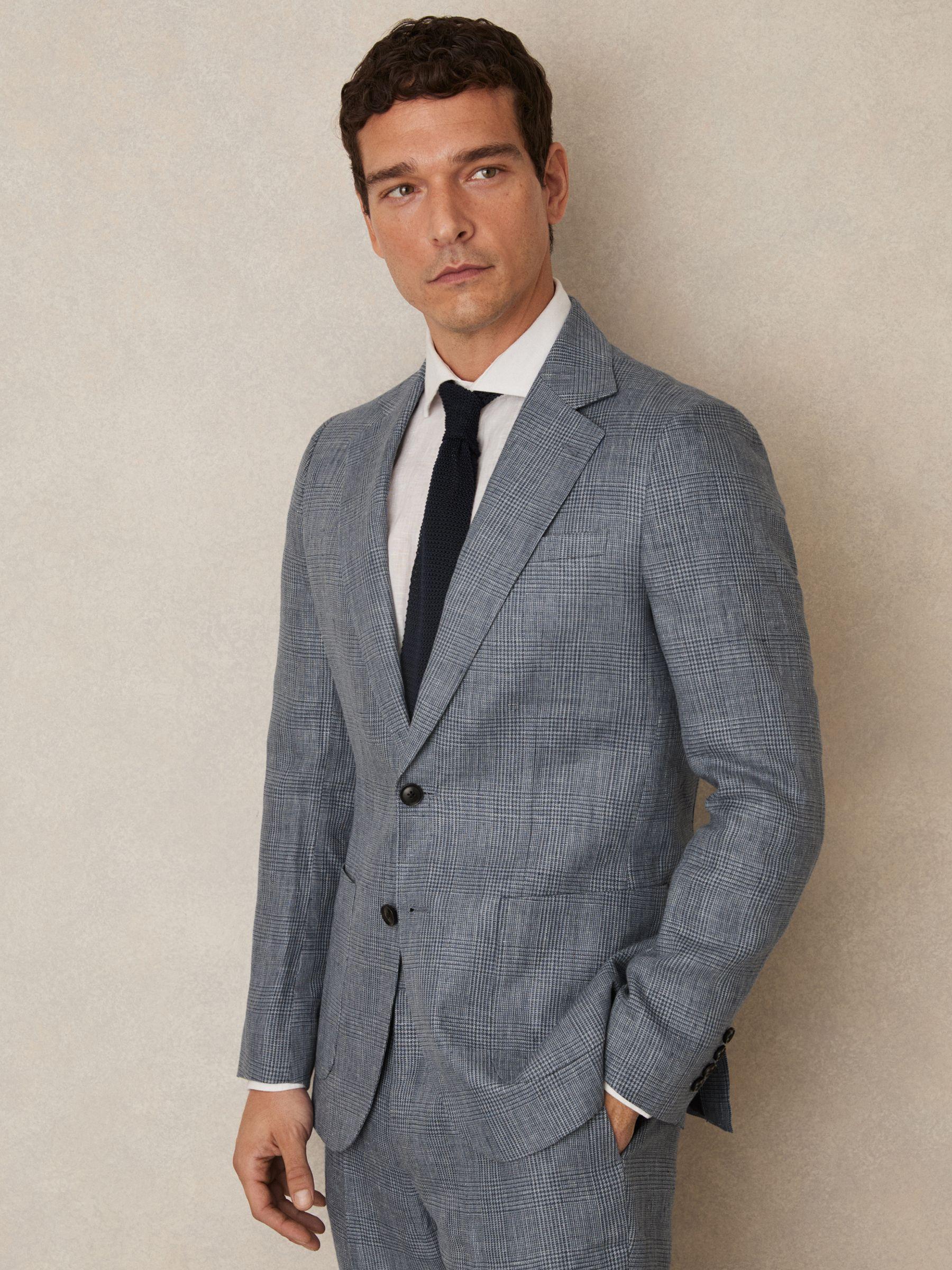 Slim Fit Single Breasted Linen Check Suit Blazer in Soft Blue Product Image