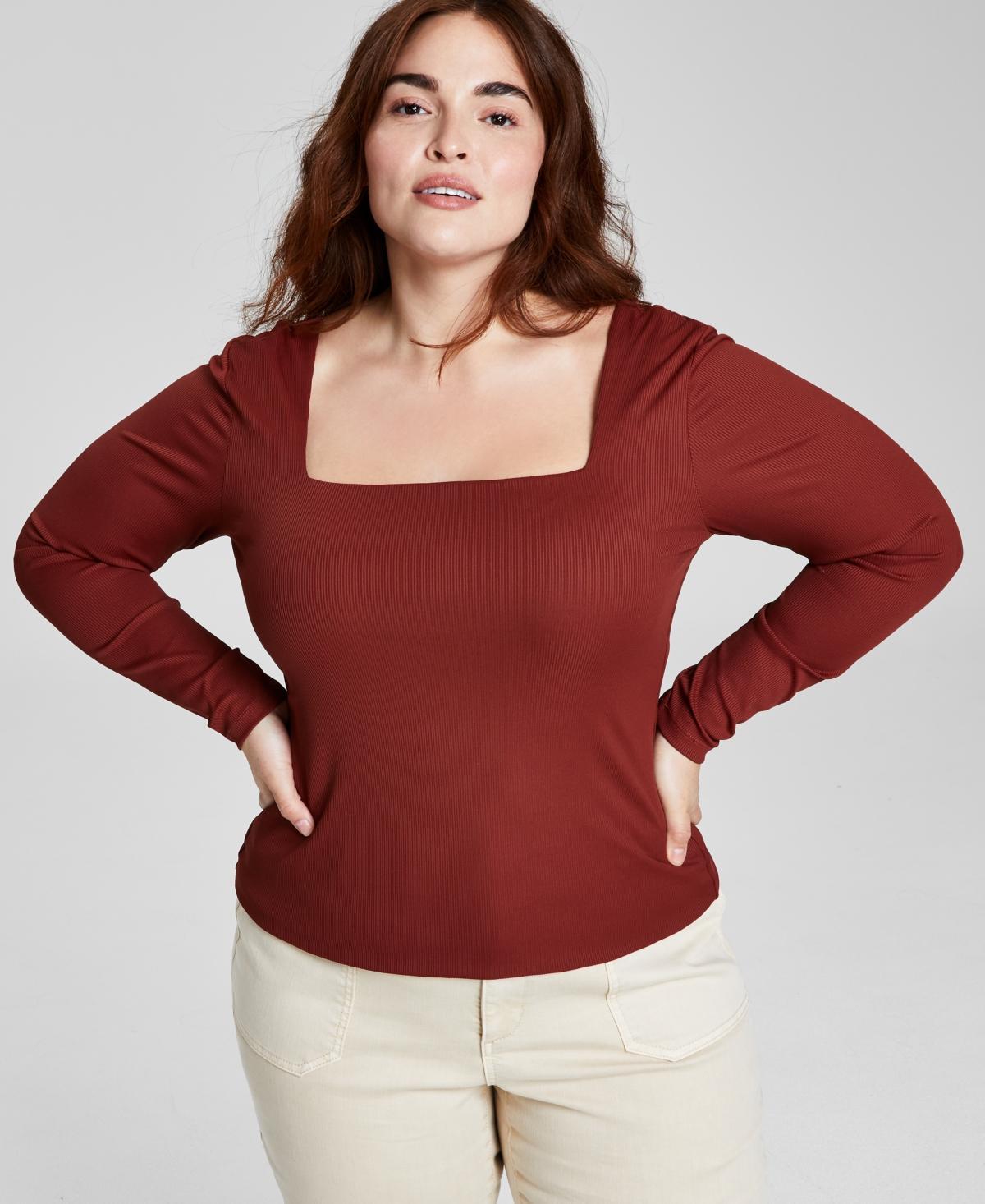 And Now This Trendy Plus Size Square-Neck Long-Sleeve Top Product Image