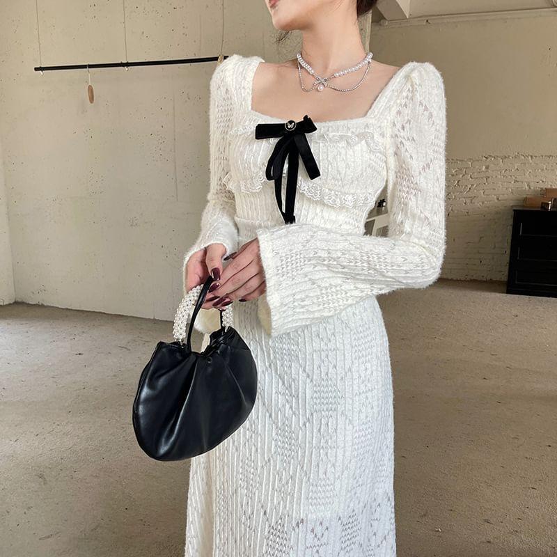 Flared-Cuff Square-Neck Bow Midi A-Line Lace Dress (Various Designs) Product Image